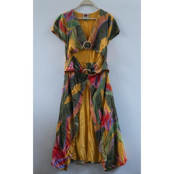 Farm Rio Yellow Garden Midi Dress Women's Medium Linen Bamboo Rings Cutout - Picture 1 of 9